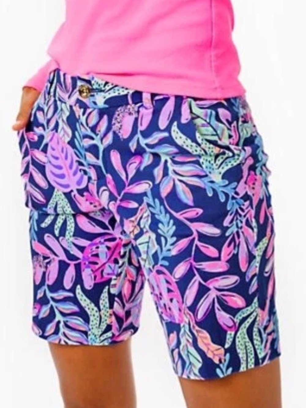Lilly Pulitzer Natia Knit Shorts Oyster Bay Navy ‘You’ve Been Spotted’ Womens 14